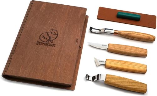 BeaverCraft řezbářská sada Spoon Carving Set of 4 Tools in Book Case pro leváky